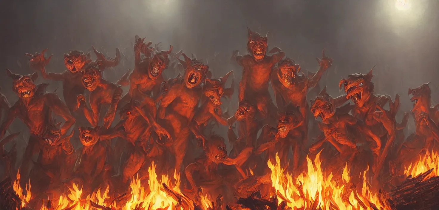 Image similar to oil matte painting, closeup portrait of ugly creepy goblins dancing around a bonfire at ba rave cheering dancing beautiful cinematic light deep focus, elegant, digital painting, smooth, sharp focus, golden ratio, dramatic illumination, ultra realistic, 8 k, art by greg rutkowski wlop rossdraws