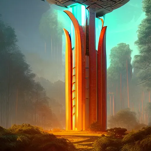 Image similar to futuristic tower temple between big green trees, planets in the sky, dramatic lighting, artstation, matte painting, raphael lacoste, simon stalenhag, frank lloyd wright