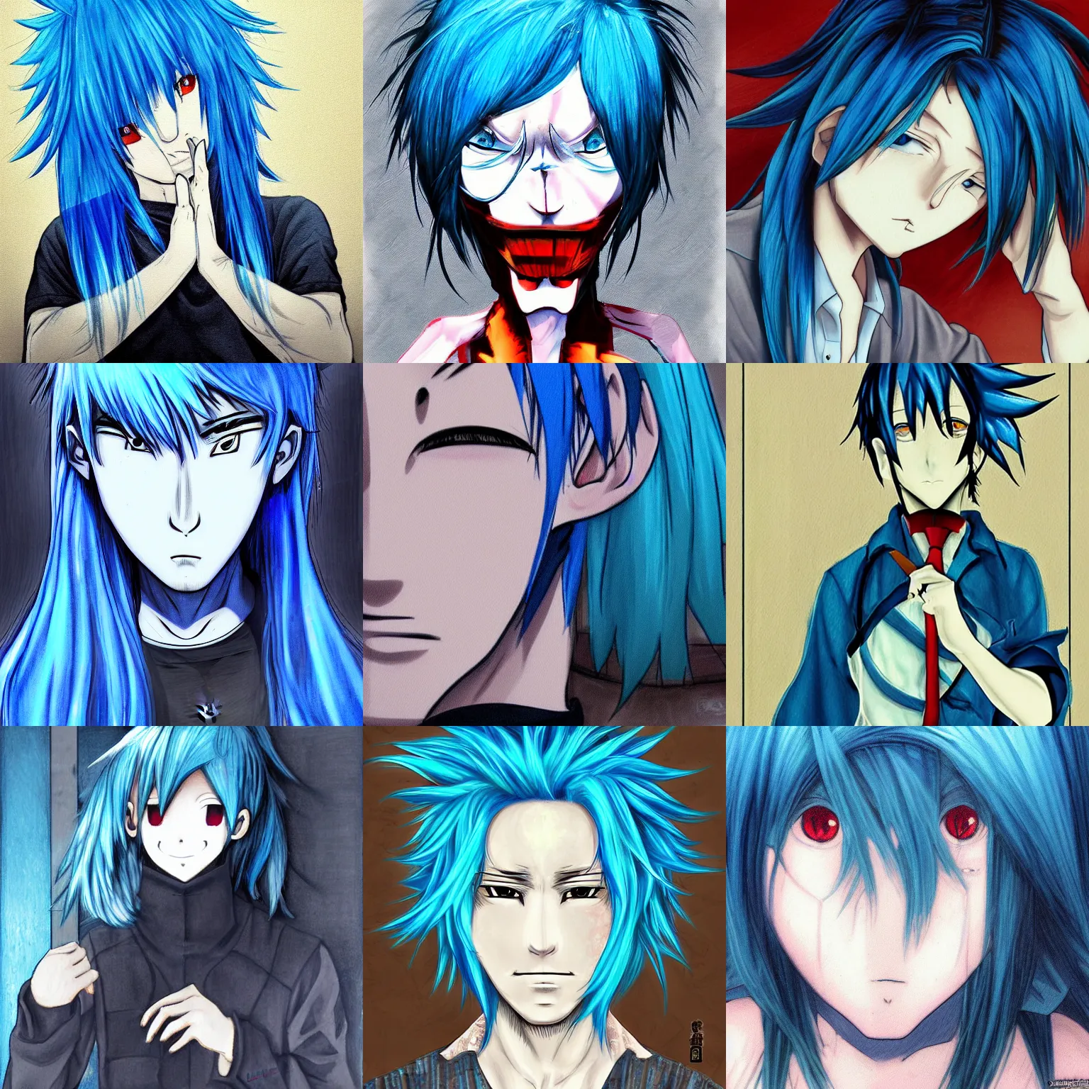 Prompt: a cartoon picture of a man with blue hair, a detailed painting by nagasawa rosetsu, featured on pixiv, transgressive art, anime, deviantart hd, creepypasta