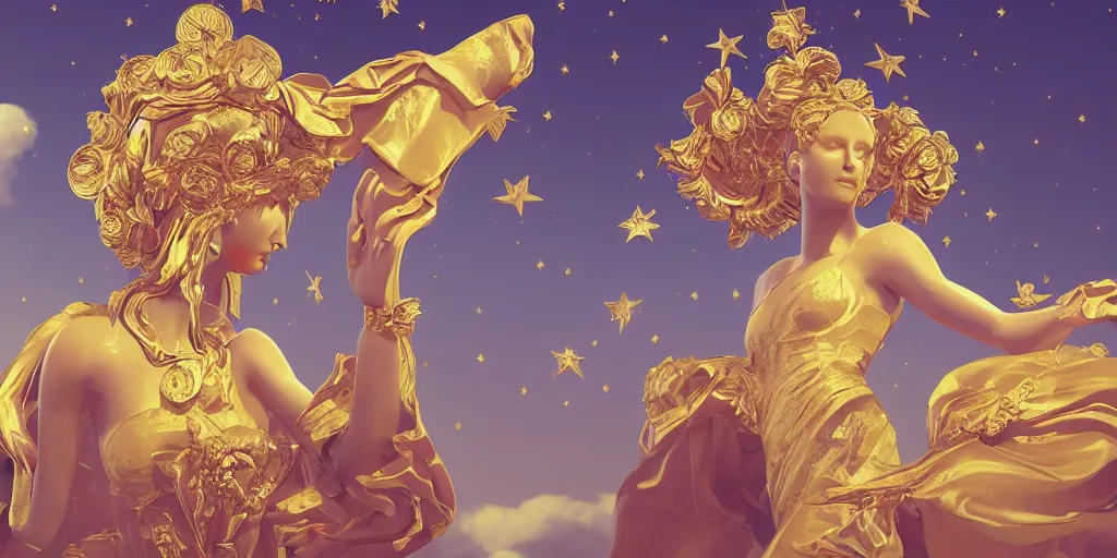 Prompt: saint Woman, Venus, Athena, beautiful, gracious, baroque marble and gold in space, draped, flowers, sistina, stars, puffy clouds tilt shift, 3d style light refraction, light reflection, real texture effect, extremely detailed, avantgarde, render, artstation