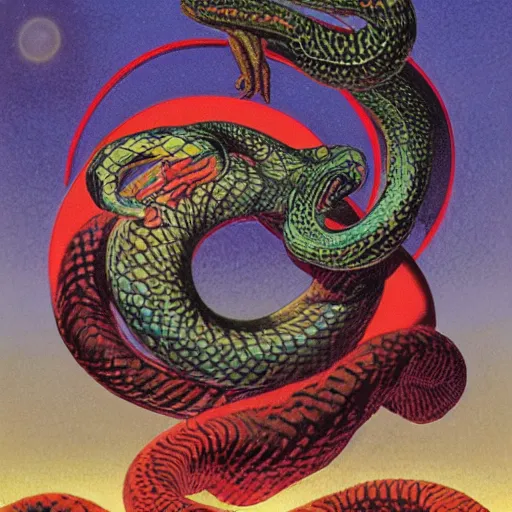 Prompt: snake wrapped around the earth, gerald brom and andy warhol, cosmic horror