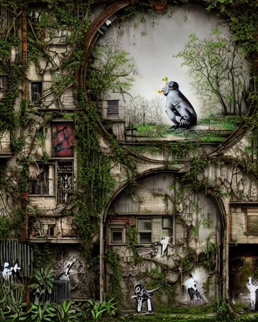 Image similar to reclaimed by nature by banksy, wallpaper, highly detailed, trending on artstation.