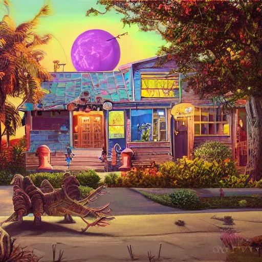 Image similar to 5 0 s tract home suburb on ancient post - apocalyptic planet, jim henson creature shop, vivid and colorful, thomas kincaid, cinematic, oil painting, highly detailed, illustration