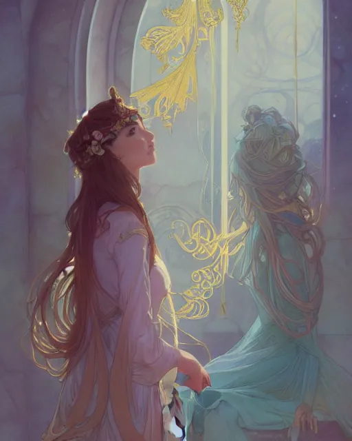 Image similar to secret romance, highly detailed, gold filigree, romantic storybook fantasy, soft cinematic lighting, award, disney concept art watercolor illustration by mandy jurgens and alphonse mucha and alena aenami, pastel color palette, featured on artstation