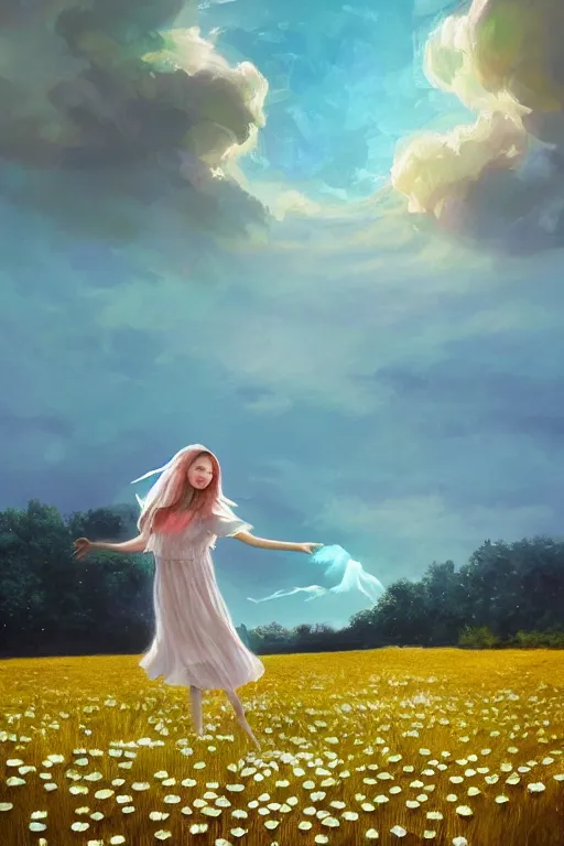 Image similar to veil of giant white daisy flower as head, girl dancing in a flower field, surreal photography, sunrise, dramatic light, impressionist painting, colorful clouds, digital painting, artstation, simon stalenhag