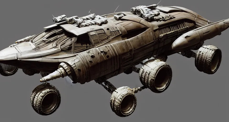 Image similar to highly detailed cinematic syd mead scifi render of 3 d sculpt of fury road spaceship, guardians of the galaxy, star wars, maschinen krieger, raphael lecoste