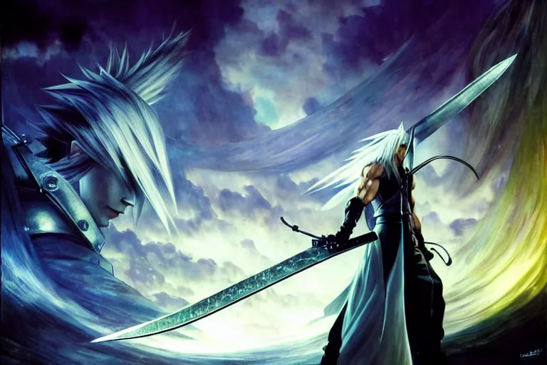 Image similar to final fantasy vii sephiroth, final fantasy vii : advent children sephiroth, sephiroth final fantasy, ( netease ), night, brilliant colors and hard shadows and strong rim light, colorful, night sky, cool white color temperature, blue hue, cool tones, painting by gaston bussiere, craig mullins, j. c. leyendecker
