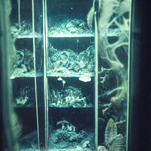 Image similar to spooky creepy liminal space, display case, aquatic exhibition science museum, dried aquarium, bright computer screens, backroom stairs leading down under water, photo taken on 1 9 8 0 s fujifilm superia