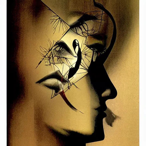 Image similar to The profile of a woman's face, a shadow is facing the other direction, an image split in two, by Dave McKean