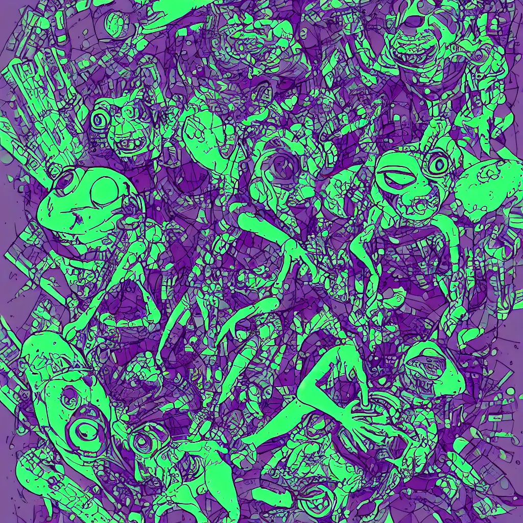 Prompt: toad head, ryuta ueda artwork, breakcore, style of jet set radio, y 2 k, gloom, space, frequency, subtle glitches, frogs, amphibians, sacred geometry, data, minimal, code, cybernetic, dark, eerie, cyber