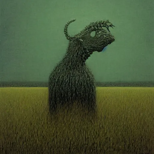 Prompt: A scary animal like creature standing in a lush green field, drawing by Beksinski