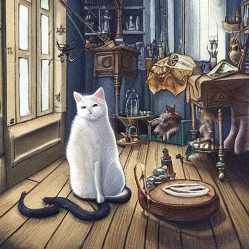 Prompt: a full body beautifull witch with white hair in an old room. A mistic cristal ball on a wood table with a potions and old instruments. A cat on the floor licking his paw. in a fantasy style paiting