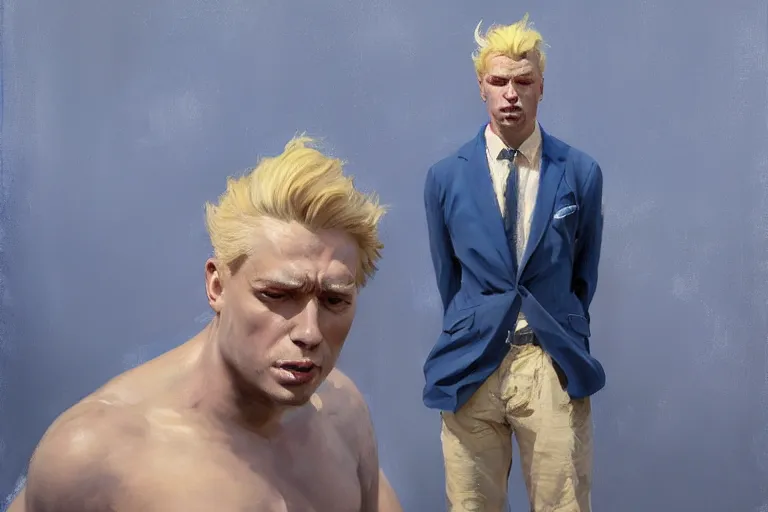 Image similar to greg manchess portrait of a blond man in a blue suit shock of being hurt, organic painting, sunny day, matte painting, bold shapes, hard edges, street art, trending on artstation, by huang guangjian, gil elvgren, ruan jia, randy vargas, greg rutkowski