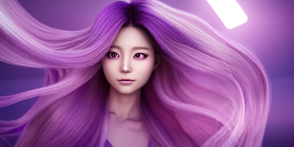 Prompt: woman with flowing long purple realistic hair like from a shampoo commercial side profile with hair flip, tzuyu from twice, in the style of wlop, artgerm, yasutomo oka, yuumei, rendered in unreal engine and redshift octane, digital art dynamic dramatic lighting, bokeh, imagine fx, artstation, cgsociety, zbrush central,