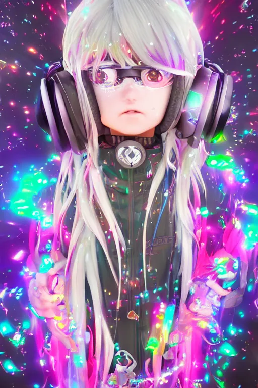 Image similar to portrait of an 3d anime character with cute sparkly eyes wearing a psychedelic holographic hoodie and headphones, long hair with pastel colors, wearing a cute face gas mask in the style of code vein by Kurumi Kobayashi Koichi Itakura, 3d anime, octane render, dynamic dramatic lighting, with glitch and chromatic abbreviations, artstation, cgsociety, imaginefx, by anime concept artist, rendered in unreal engine, by WENJR, WLOP, artgerm