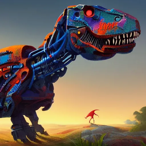 Image similar to a character art rendering of a brightly colored robot T-rex made of mechanical parts, cartoonish psychedelic paleoart rendering, realistic dinosaur cyborg in the style of greg rutkowski and simon stålenhag, made with zbrush