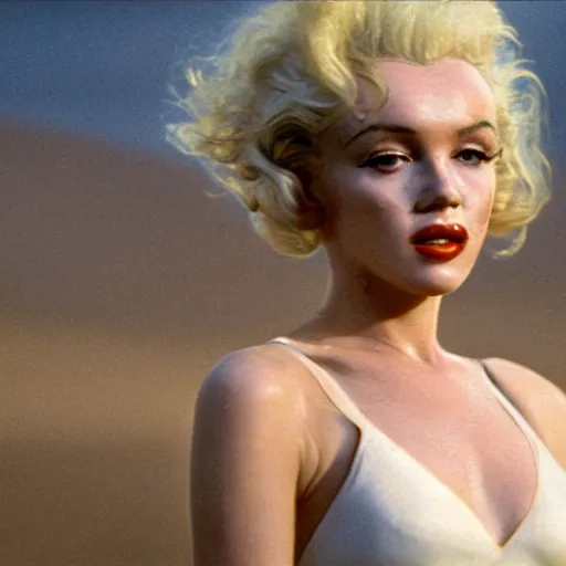 Prompt: 8 k hyperrealistic close range shot of blade runner 2 0 4 7 with marilyn monroe with natural hair, sweat, realistic skin with imperfections, very small lips, white summer dress. empty head. very long blonde hair flowing in the wind. fuzzy desert landscape in the background with strong sun. lenses 5 0 mm