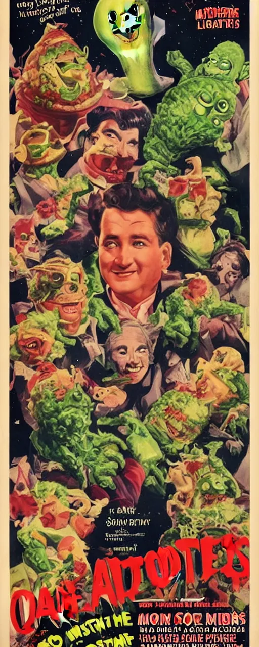 Prompt: vintage movie poster for salad monsters from outer space!