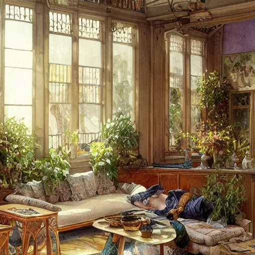 Prompt: a beautifull intricate watercolour painting of a living room with leaves, reflexions, verry high details by william turner art, greg rutkowski and alphonse mucha, trending on artstation, very very detailed, masterpiece, muted colors