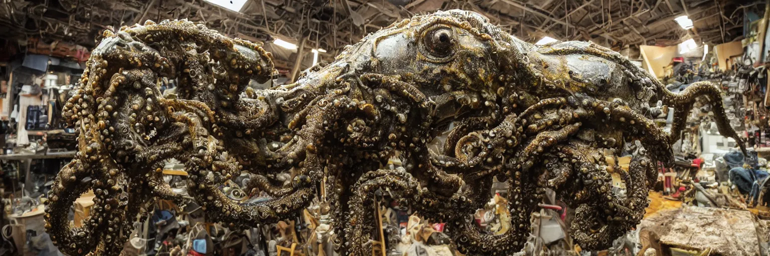 Image similar to low wide angle photo taken of an epic intricate, ultra detailed, super realistic gritty, hero prop, exquisitely painted animatronic movie prop of a wet slimy grotesque nightmarish hellish mutant cephalopod creature displayed in the workshop, created by weta workshop, full body shot, photorealistic, sharp focus