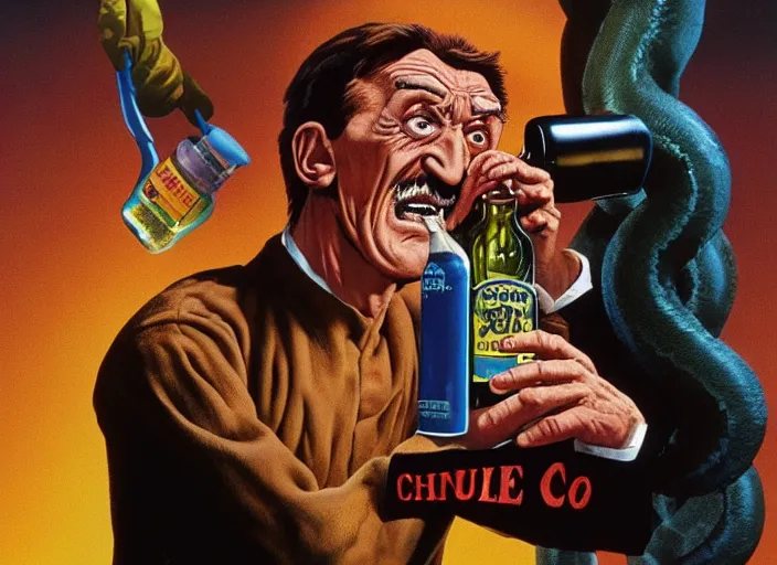 Image similar to barry chuckle chugging a bottle of snake oil, artwork by richard corben, 3 d, high resolution 8 k