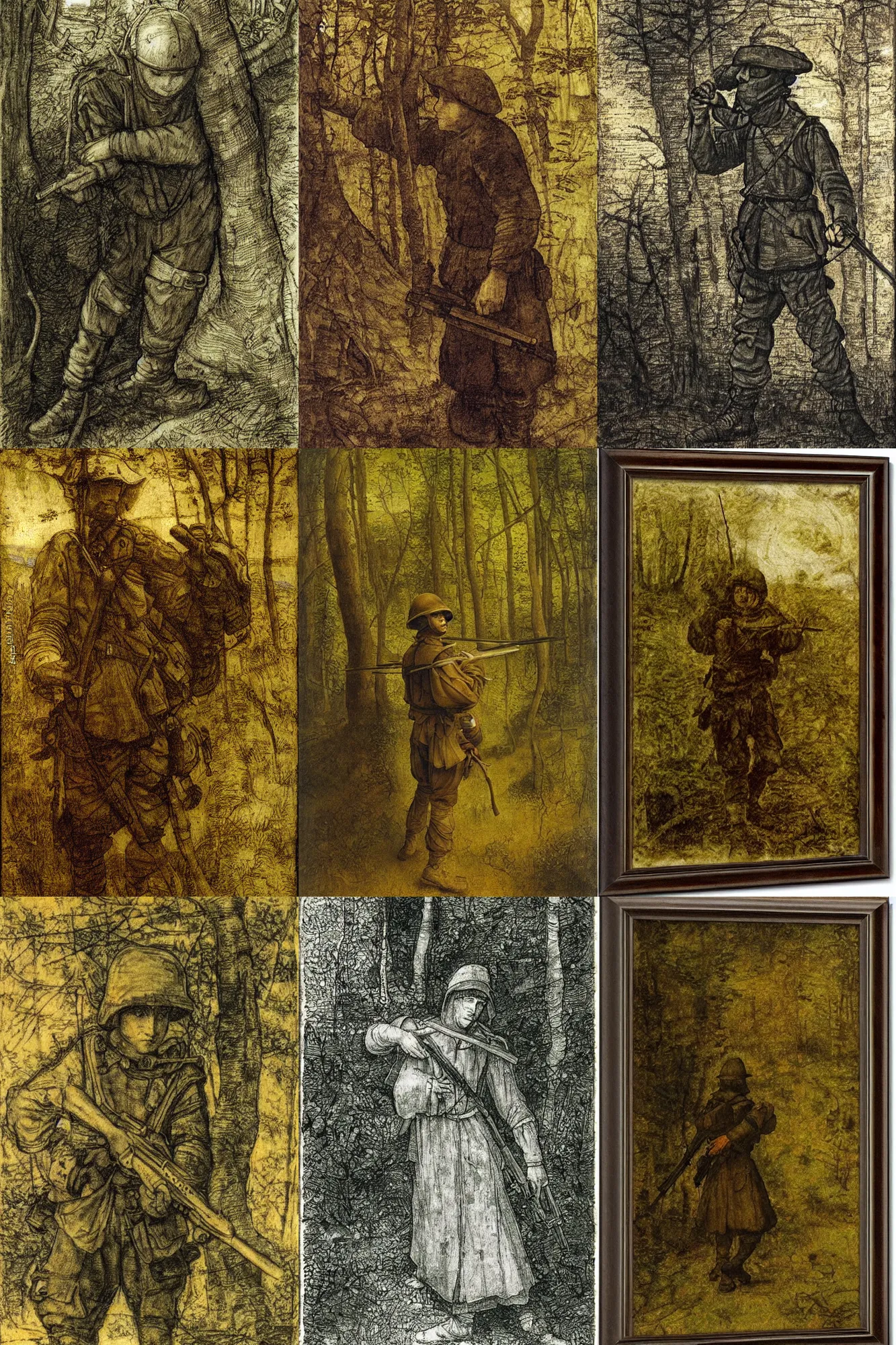 Prompt: future soldier in ambush in the woods by leonardo davinci