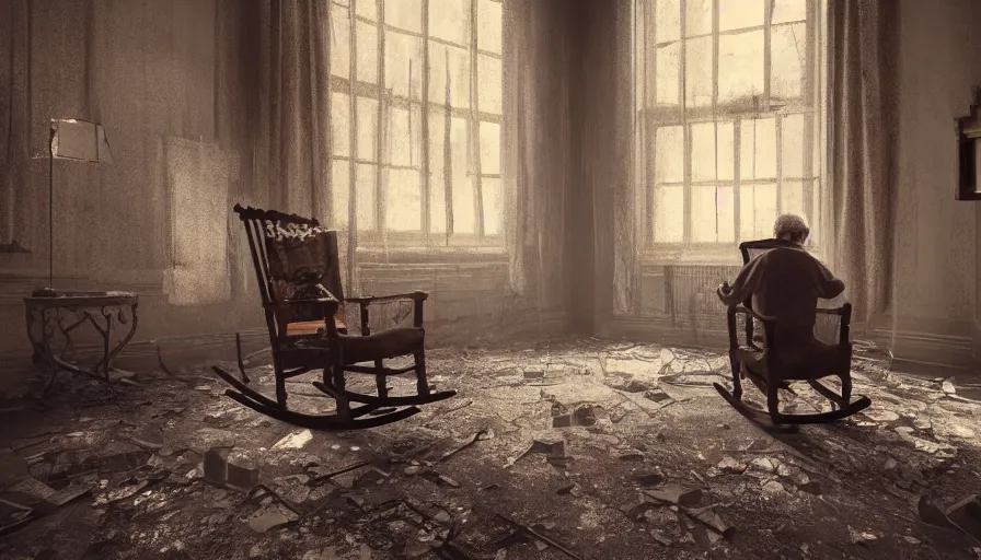 Image similar to old man sitting on a rocking chair in an old 3 0's abandoned rich manor, light through dusty broken windows, old curtains, dusty floor, dirts on the floor, wind, hyperdetailed, artstation, cgsociety, 8 k
