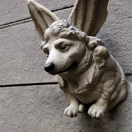 Image similar to corgi gargoyle with wings made of stone, uncropped, photography