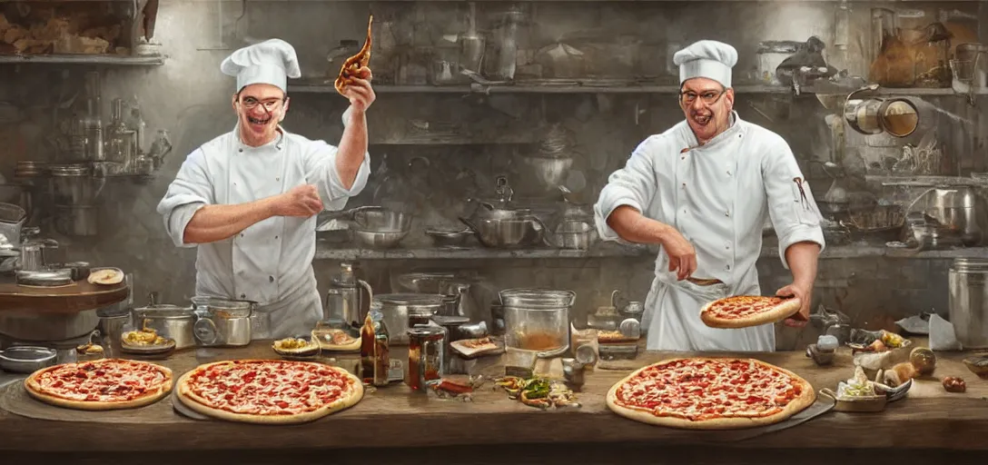 Image similar to a chef inventing the pizza, pots and pans, ingredients, jars, happy, hyper detailed, 8k, james gurney, greg rutkowski, john howe, artstation