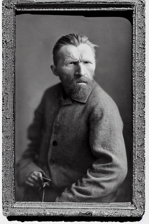 Prompt: a dark, monochrome, glass negative, silver gelatine realistic, supersharp, supersharp, realistic, photographic portrait of vincent van gogh, shallow depth of field, by edward c. curtis