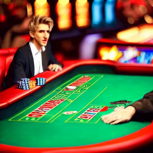 Image similar to film still of xqc gambling in Vegas, 4k, photorealism, artstation style