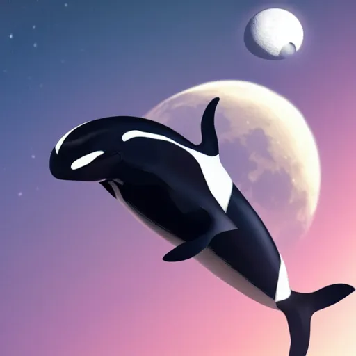 Image similar to orca killer whale jumping over the moon. space, stars, planets. Ocean life, marine life. Trending on artstation