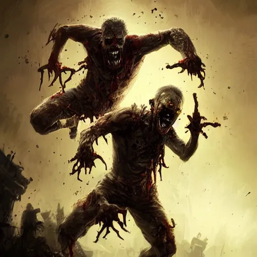 Prompt: two angry zombie men attacking each other, intricate, art by greg rutkowski, high detailed, 4 k,