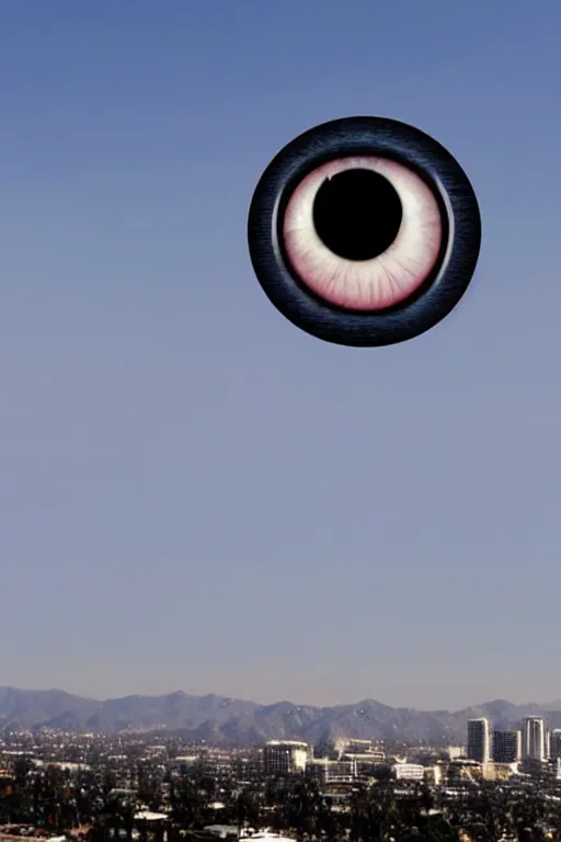 Prompt: giant eyebal!!!! l!!!!! floating!!! in the sky above southern california city