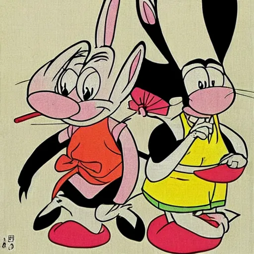 Image similar to bugs bunny, daffy, porky pig, ukiyo - e style,