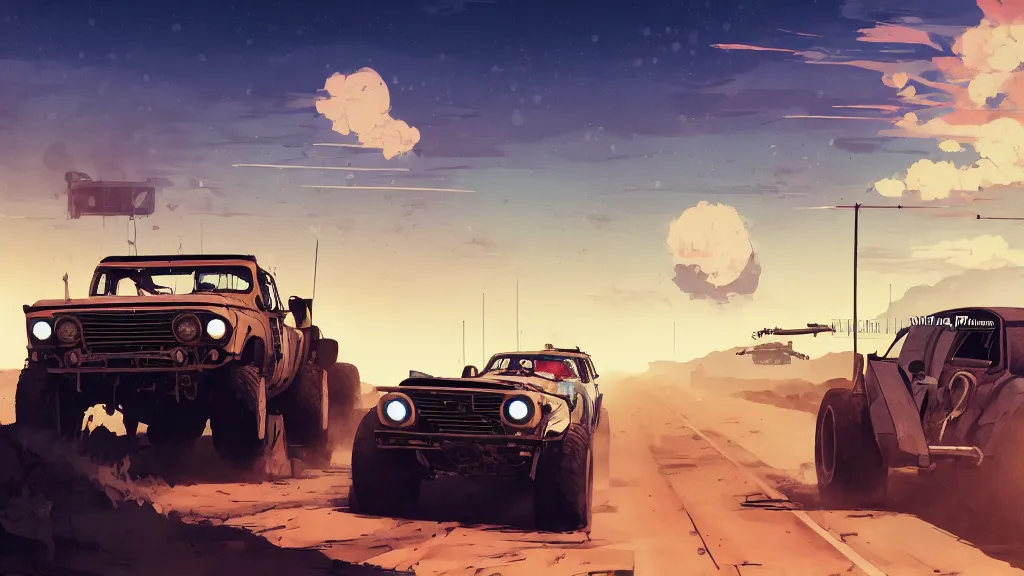 Image similar to digital illustration of mad max's fj 4 0 pursuit special, the last v 8 interceptor driving down a deserted cyberpunk highway in the middle of the day by studio ghibli, anime style year 2 0 9 3, by makoto shinkai, ilya kuvshinov, lois van baarle, rossdraws, basquiat