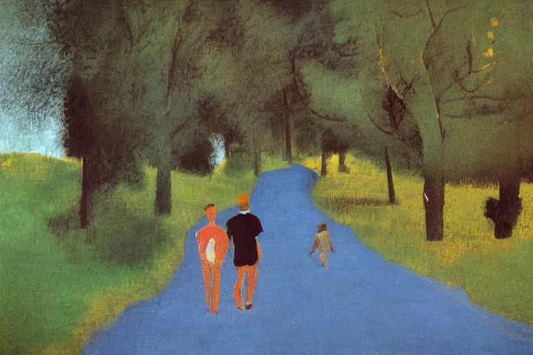 Image similar to a man with dark hair holding the hands of a young boy with dark hair as they walk down a suburban highway on a bright beautiful colorful day. part in the style of an edgar degas painting. part in the style of david hockney