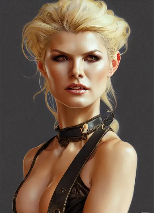 Image similar to portrait of victoria silvstedt as a sultry lady, collar and leash, leather, greek, intricate, headshot, highly detailed, digital painting, artstation, concept art, sharp focus, cinematic lighting, illustration, art by artgerm and greg rutkowski, alphonse mucha, cgsociety