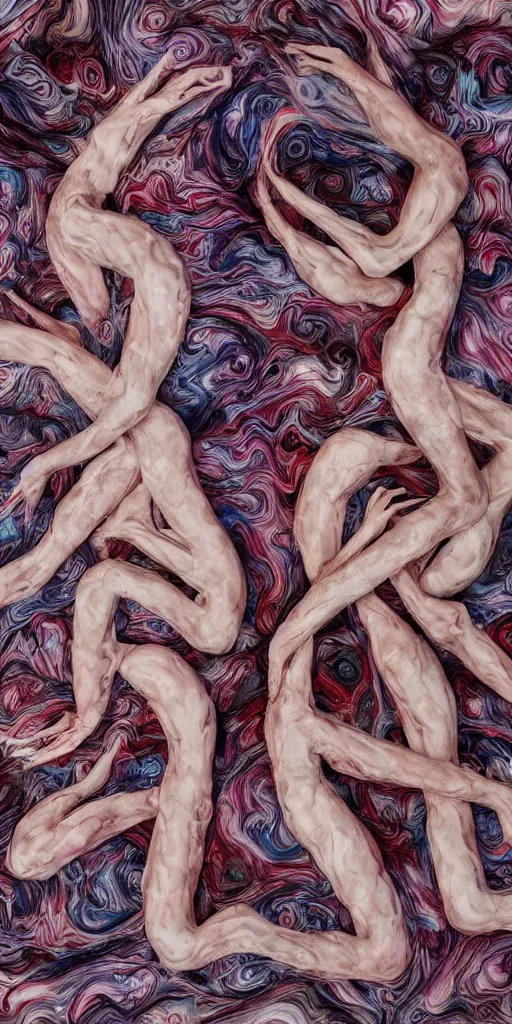 Image similar to bodies made of swirling fabric, two human bodies cuddling