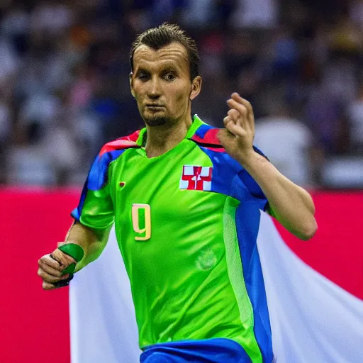 Prompt: slovakian man with the number 0 9 on his shirt goes to work in serbia