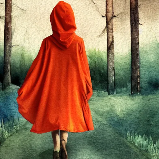 Prompt: Little Orange Riding Hood wear a dress in the valley, dark ambient beautiful, neoplasticism, 8k resolution, road into the forest with a lake, watercolor, detailed painting, trending on Artstation