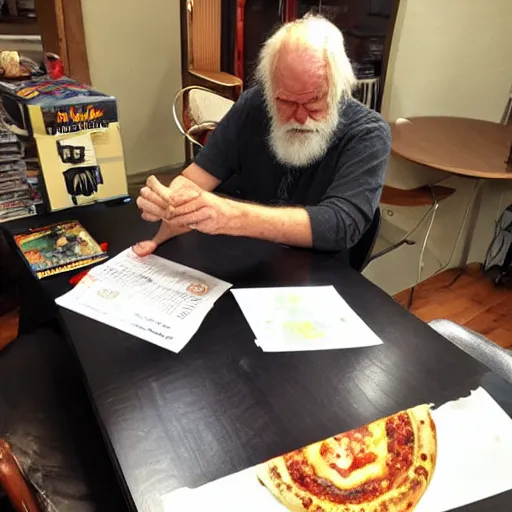 Image similar to a grumpy old danish man with long black hair eating pizza while DMing an AD&D game, D&D, rogue, dark hair, skinny, middle aged, D&D dice on table, papers on table, character sheets on table