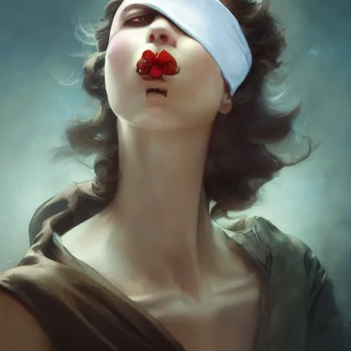 Image similar to blindfolded woman with a finger on her lips shushing, by peter mohrbacher, artgerm, karol bak, loish, ayami kojima, james stokoe, highly detailed, ultra detailed, ultra realistic, trending on artstation