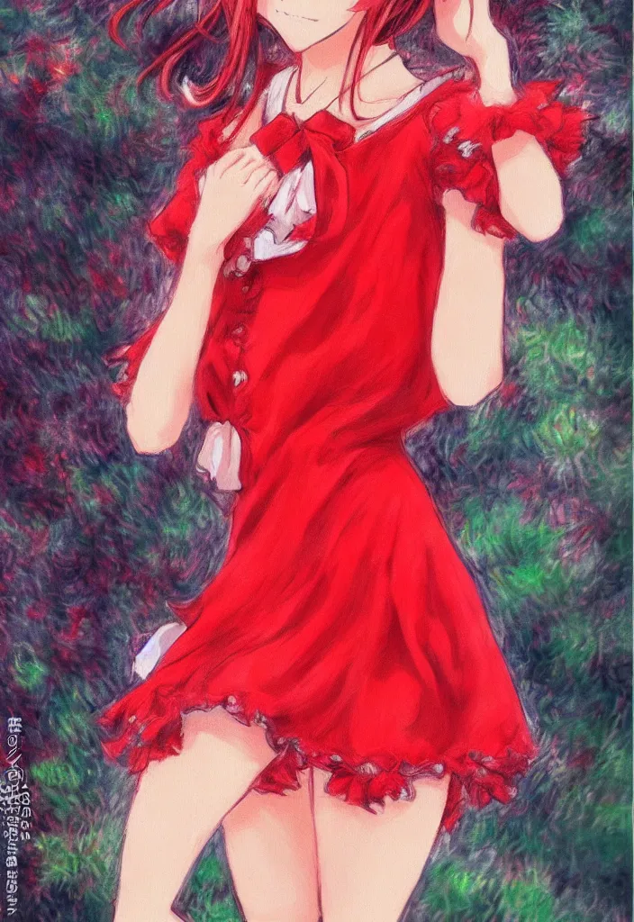 Image similar to medium shot portrait, a cute red outfit, tokyo anime scener, very anime in impressionist style, anime trending artwork, anime painter studio, by claude monet