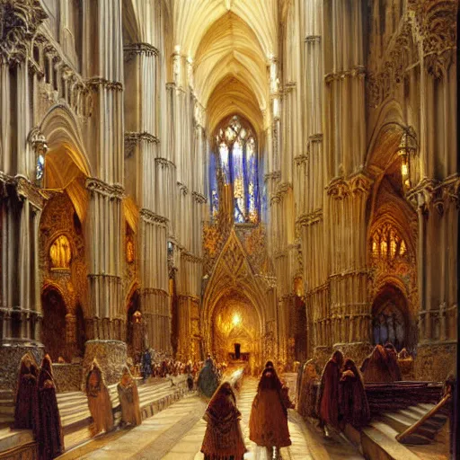 Image similar to inside a giant medieval cathedral, ornate and intricate details. highly detailed painting by gaston bussiere, j. c. leyendecker 8 k