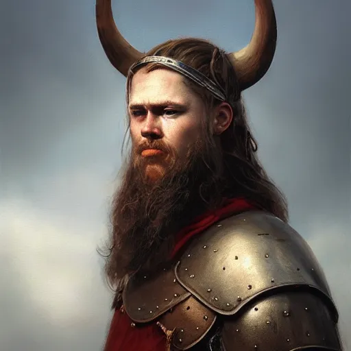Prompt: breathtaking soft painting of viking in a bloody sky, realistic symmetrical face features, rembrandt style, elegant, highly detailed, artstation, concept art, matte, sharp focus, art by tom bagshaw, and greg rutkowski