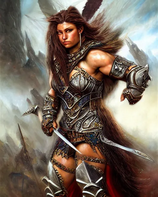 Image similar to a fierce and muscular warrior princess in full armor, fantasy character portrait by howard david johnson, yael nathan