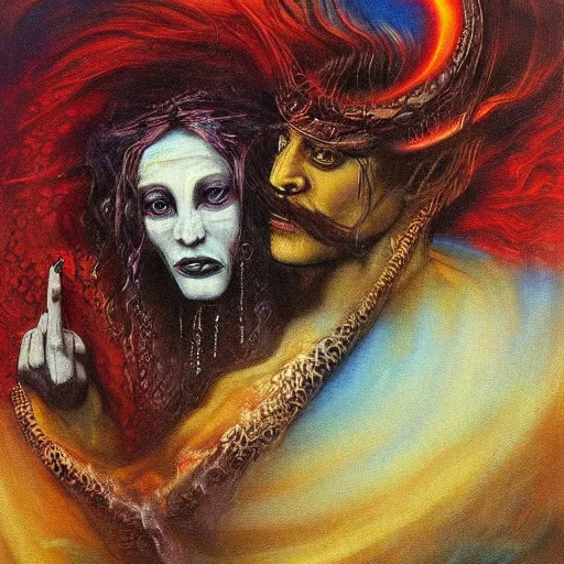 Image similar to the concept of a loving relationship, transcendence, airbrush art, shamanic dmt horror art, by edwin austin abbey