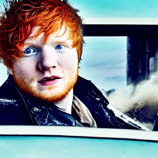 Prompt: Film still of Ed Sheeran in Mad Max Fury Road