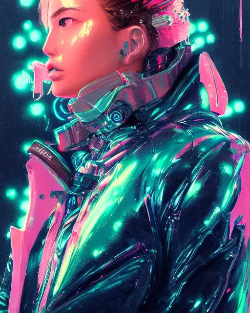 Image similar to detailed side profile portrait Neon Operator Girl, cyberpunk futuristic neon, reflective puffy coat, decorated with traditional Japanese ornaments by Ismail inceoglu dragan bibin hans thoma greg rutkowski Alexandros Pyromallis Nekro Rene Maritte Illustrated, Perfect face, fine details, realistic shaded, fine-face, pretty face